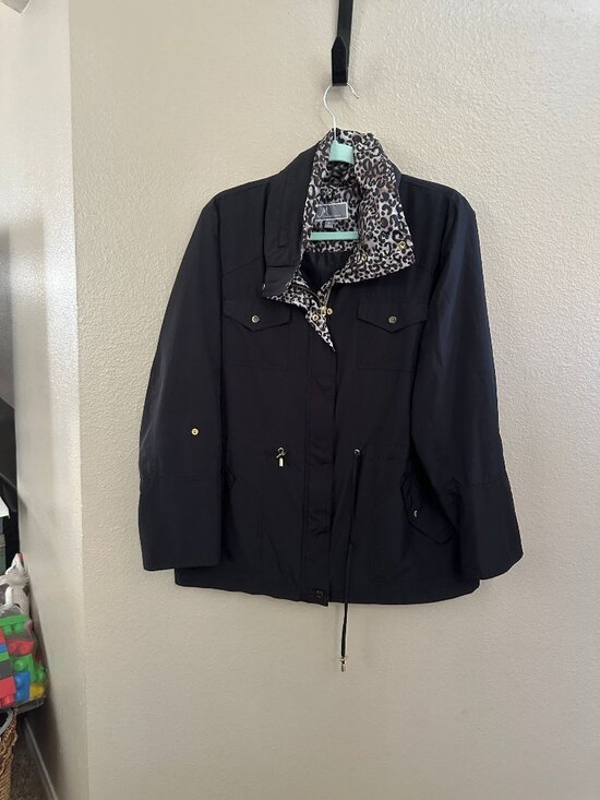 JM Collection Jackets & Blazers - JM Collection Womens Black Jacket Medium Leopard Trim Polyester Drawstring & Zip